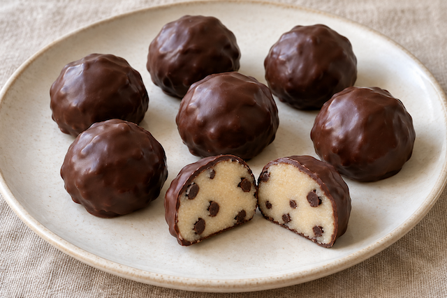 Panellets caseros cubiertos de chocolate, con uno partido que muestra la masa de almendra con chips de chocolate.