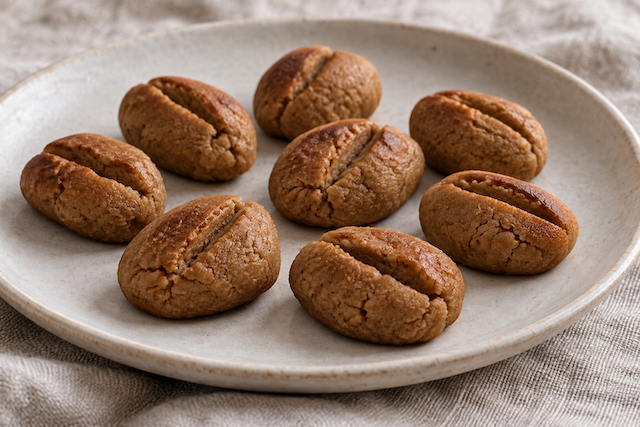 Panellets caseros de café con formas irregulares y pequeñas grietas sobre un plato de cerámica
