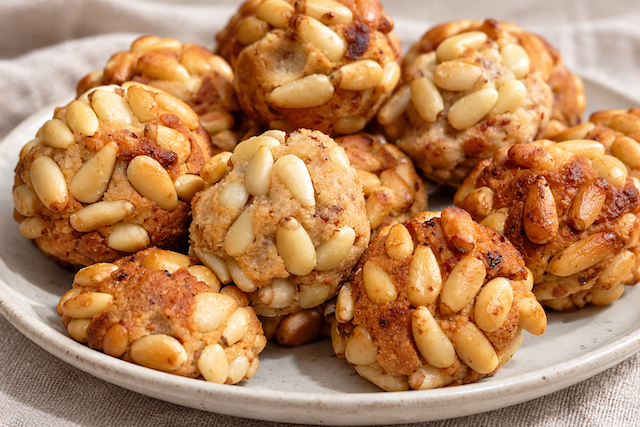 Panellets caseros de piñones dorados sobre un plato de cerámica