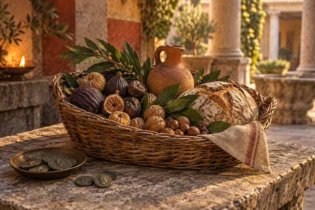 Cesta de alimentos inspirada en el origen romano de los lotes navideños