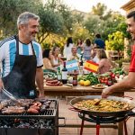 Asado argentino y paella valenciana compartidos con vino durante la final del Mundial entre España y Argentina.