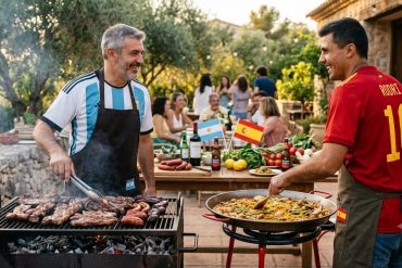 Asado argentino y paella valenciana compartidos con vino durante la final del Mundial entre España y Argentina.