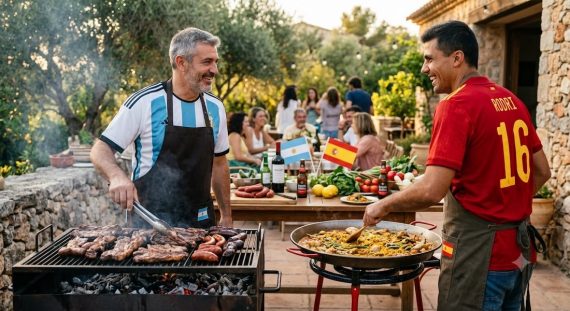 Asado argentino y paella valenciana compartidos con vino durante la final del Mundial entre España y Argentina.