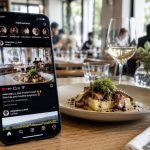 móvil con Instagram sobre mesa de restaurante, el algoritmo devorando al creador de contenido gastronómico