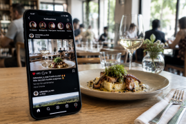 móvil con Instagram sobre mesa de restaurante, el algoritmo devorando al creador de contenido gastronómico