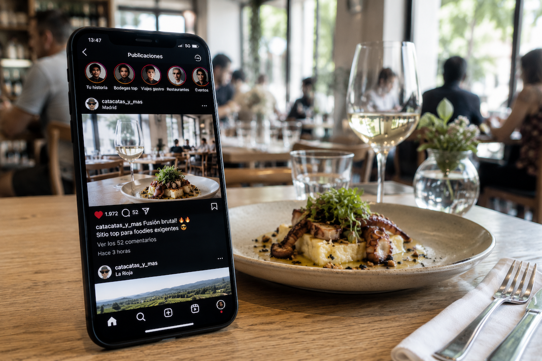 móvil con Instagram sobre mesa de restaurante, el algoritmo devorando al creador de contenido gastronómico