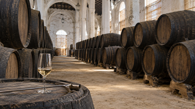 Bodega de Jerez con botas de roble para la colección de los vinos por fascículos.
