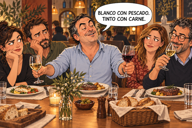 Caricatura sobre el mito de acompañar siempre el pescado con vino blanco y la carne con vino tinto