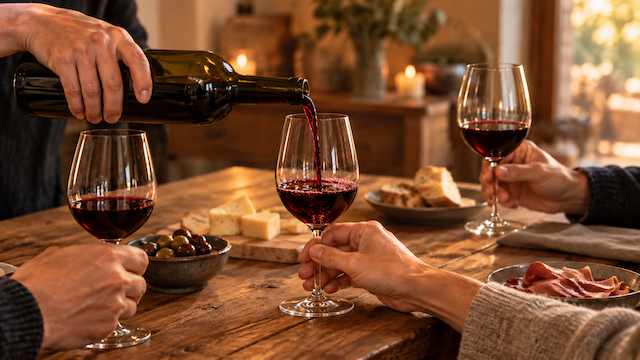 Botella de vino sirviéndose en varias copas alrededor de una mesa

