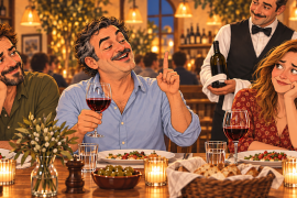 Cinco amigos escuchan a un cuñado repetir mitos sobre el vino durante una cena