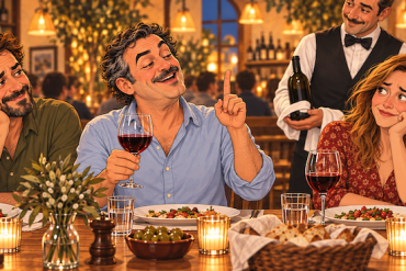 Cinco amigos escuchan a un cuñado repetir mitos sobre el vino durante una cena