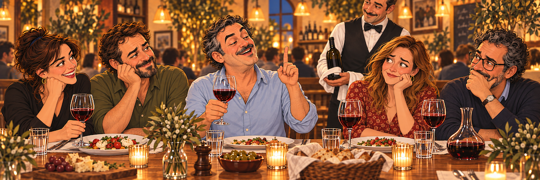 Cinco amigos escuchan a un cuñado repetir mitos sobre el vino durante una cena