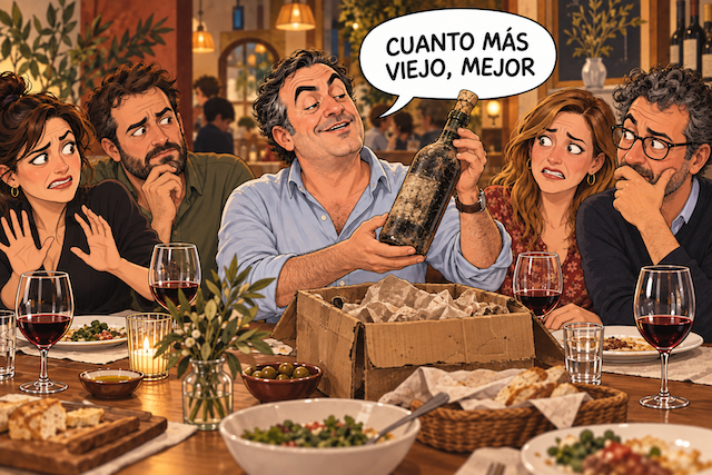 Cuñado muestra una botella antigua mientras repite mitos sobre el vino y su envejecimiento