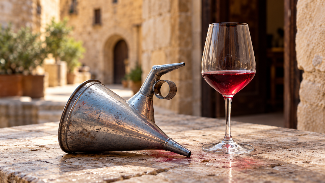 Embudos metálicos tradicionales junto a una copa de vino joven sobre una mesa de piedra, imagen ilustrativa de L’Embutada de Tarragona