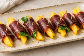 Rollos de cecina con mango en una fuente alargada, algunos con canónigos, aliñados con aceite de oliva y pimienta.
