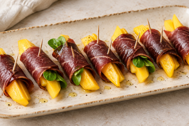 Rollos de cecina con mango en una fuente alargada, algunos con canónigos, aliñados con aceite de oliva y pimienta.