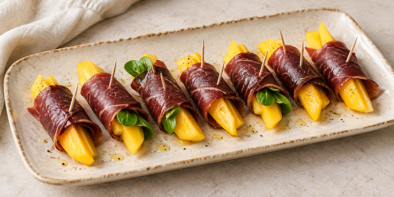Rollos de cecina con mango en una fuente alargada, algunos con canónigos, aliñados con aceite de oliva y pimienta.
